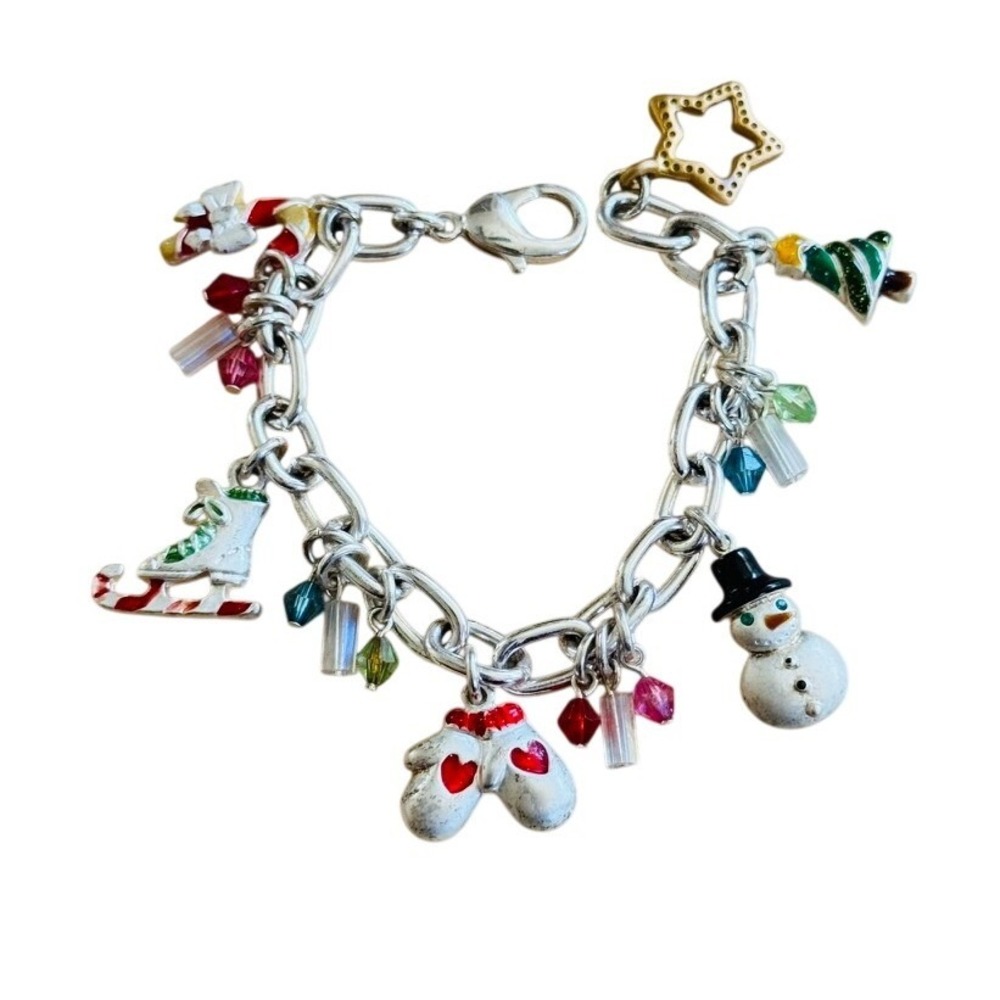Christmas Charm Bracelet Signed AJMC Snowman Candy‎ Cane Tree Colorful 6.5"